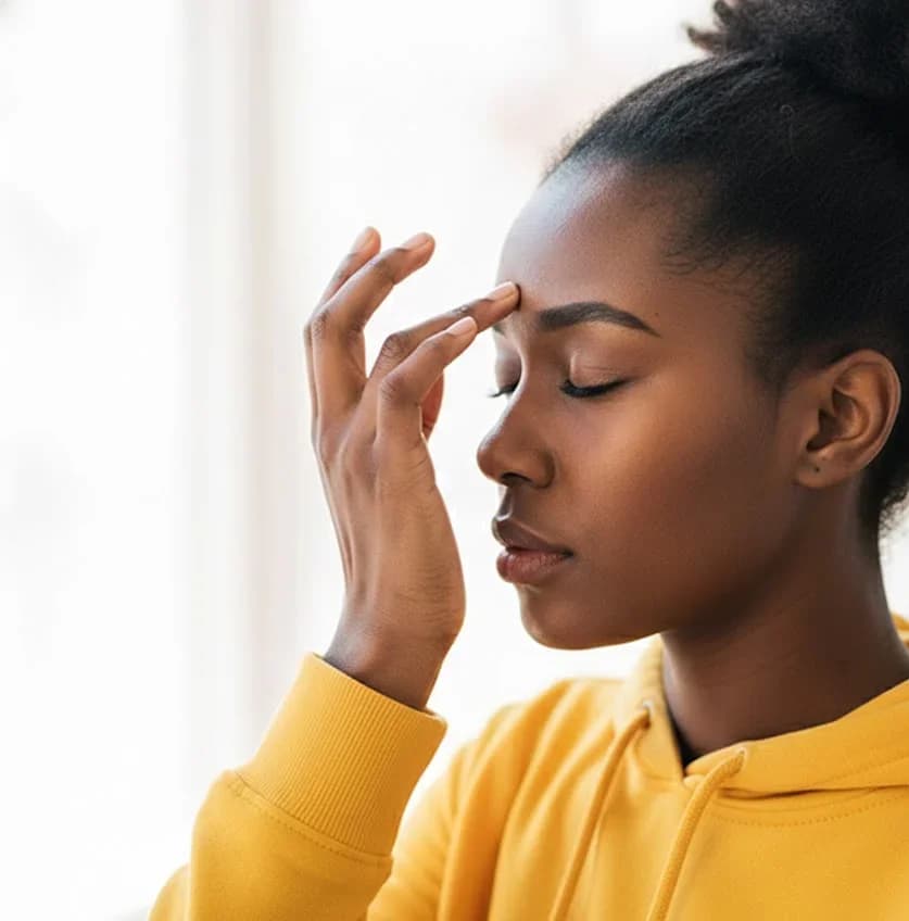 Femme tapotant un point entre les sourcils, les yeux fermés, comme en EFT