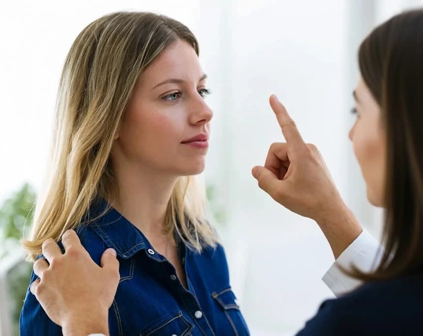 Thérapeute guidant les mouvements oculaires d'une patiente avec son doigt, comme lors d'une séance d'EMDR